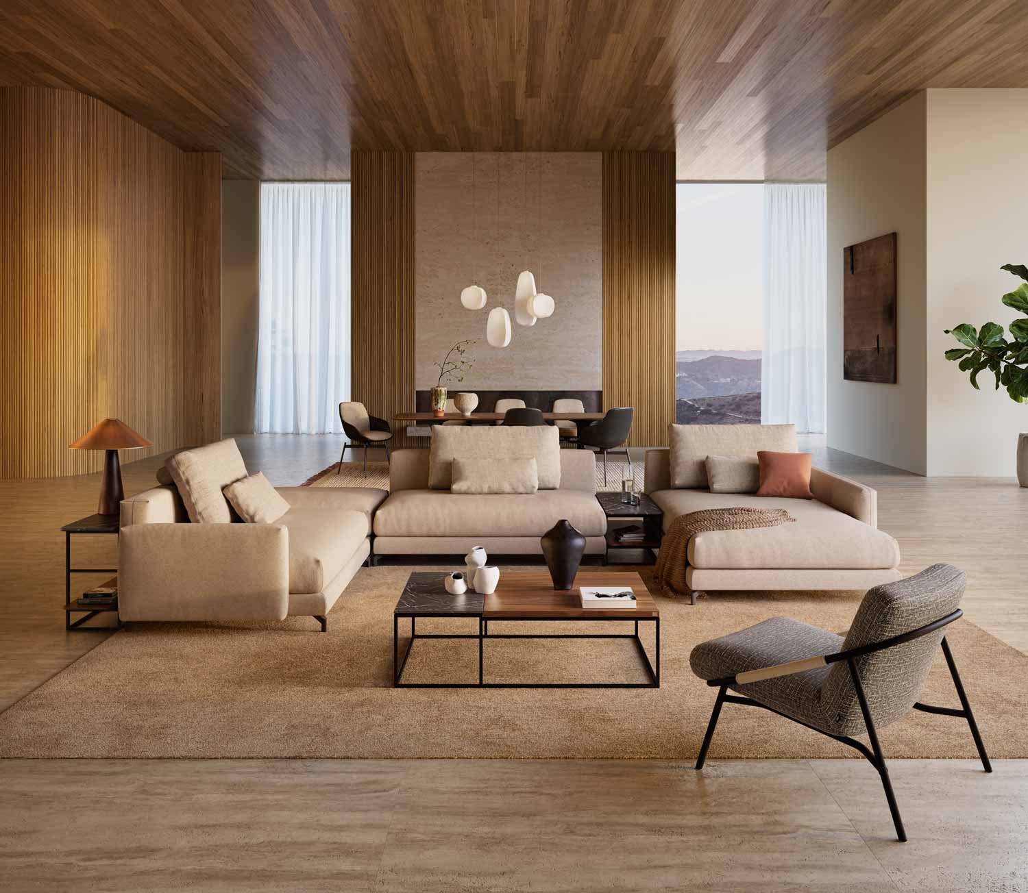 Warm interieur met designbank en houten plafond