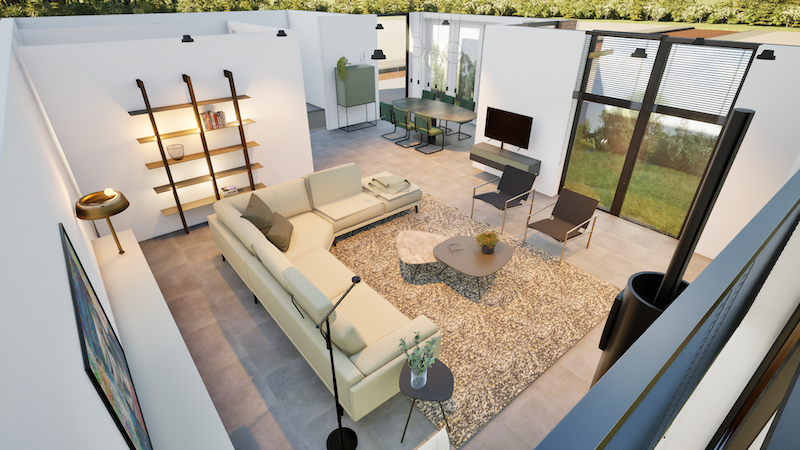 3D-ontwerp van een woonkamer met open plattegrond